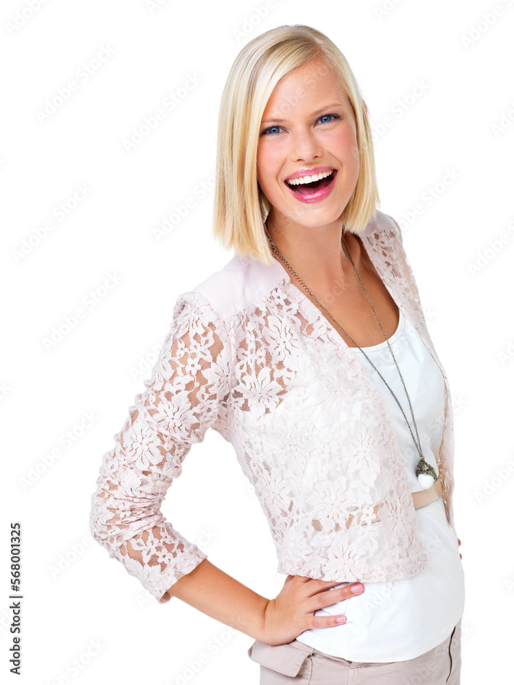 Poster Portrait, confident and woman with fashion, style and beauty smiling isolated against a studio white background. Happiness, excited and young female model happy with a positive mindset