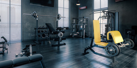 Fototapeta premium Body Building Center With Exercise Machines Integrated Inside a Penthouse Fitness Area - panoramic 3D Visualization