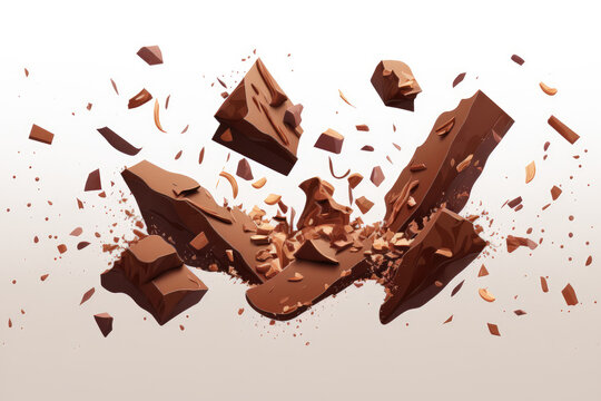 a white background with fragments of shattered chocolate floating in the air. Generative AI