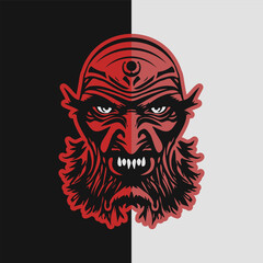 Vector terrible bearded scary red man with white teeth and bald head. Logo, emblem or icon. Terrible black wizard.