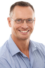 Happy, confident and portrait of a handsome man isolated on a white background in a studio. Smile, glasses and face of a businessman with confidence, success and vision for a company on a backdrop