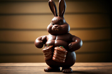 On a wooden table, a chocolate Easter rabbit is holding hefty weights. composition for Easter that includes copy space. Generative AI
