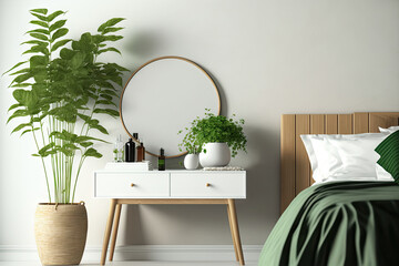 Elegant details of modern interior design with poster in coffe table, round mirror, plant and stylish personal accessories. Wooden vanity table. Mock up poster. Template. Generative AI
