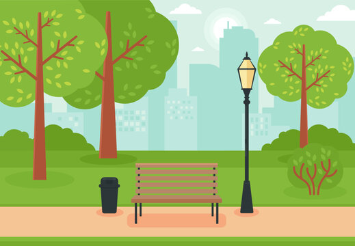 Summer city park panorama vector illustration, City park with green trees and benches
