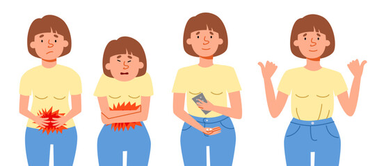 A set of vector illustrations with a girl. A woman s stomach hurts during her period. The female is taking a pill for the pain.