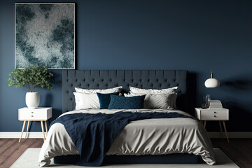 Cozy bedroom with a large bed with navy dark blue and gray colors. Clean empty paint wall for art. Mockup space premium modern furniture and design interior home or studio hotel. Generative AI