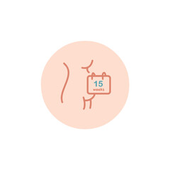 15 weeks pregnant icon. Fifteen weeks of pregnancy calendar icon in vector. Four months pregnant woman sign. Pregnancy week by week.
