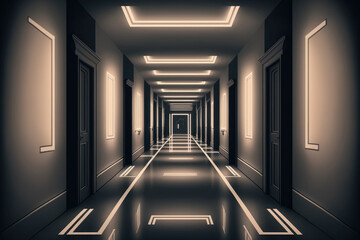 a dim hallway illuminated by white neon signs. reflections in the walls and on the ground. The background is blank in the middle. image. Generative AI