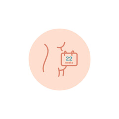 Twenty-two weeks pregnant icon. 22 weeks of pregnancy calendar icon in vector. Five months pregnant woman sign. Pregnancy week by week.