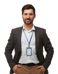 Smiling man with VIP pass badge on white background