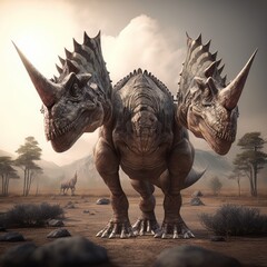 Fototapeta premium Tyrannosaurus Dinosaur With Two Faces - Generative AI Technology