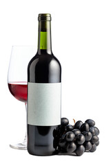 Red wine and blue grapes are isolated on white.