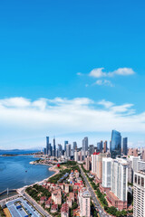 Aerial photo of urban landscape in Qingdao coastal bay area