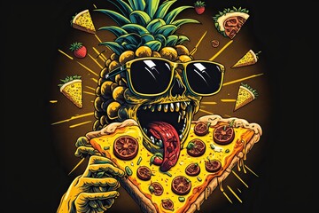 Funny pineapple eating pizza, concept of bad taste and strange preferences, created with Generative AI technology