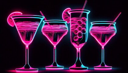 4 neon pink Cocktails in Neonfarben und Neonlicht. Generative Ai.
