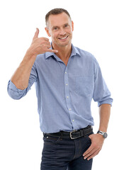 Portrait, call me hands and business man in studio isolated on a white background. Boss, ceo and happy male entrepreneur with cool hand gesture for shaka sign, symbol or emoji for communication.