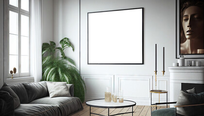 Frame mockup in modern home interior background, 3d render. Mockup wall. Generative AI