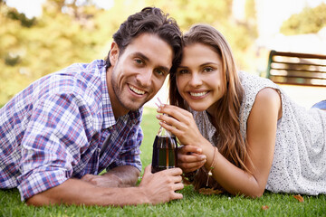 Happy couple drink soda together in park, summer holiday or valentines date in a portrait for...