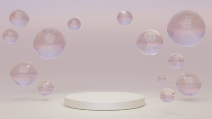 White round podium with air bubbles on pink water surface. Mock up empty geometric stage, platform with soap spheres or water drops for product ad presentation cosmetics. Realistic 3d illustration