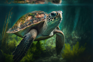 Naklejka na ściany i meble Portrait of a sea turtle underwater. Portrait of a sea turtle beneath water. turtle in the sea. a sea turtle submerged. Generative AI
