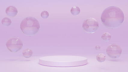 White round podium with air bubbles on pink water surface. Mock up empty geometric stage, platform with soap spheres or water drops for product ad presentation cosmetics. Realistic 3d illustration