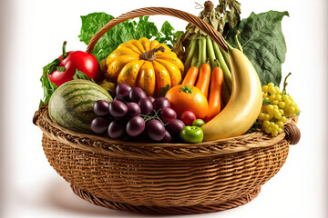 Vegetables and fruits of several organic varieties in a wicker basket, isolated on a white background. Generative AI