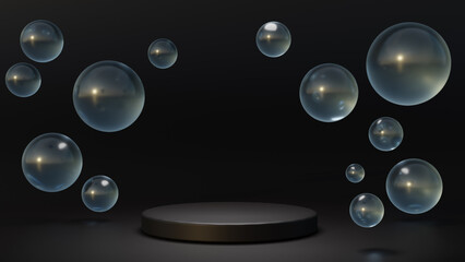 White round podium with air bubbles on black water surface. Mock up empty geometric stage, platform with soap spheres or water drops for product ad presentation cosmetics. Realistic 3d illustration