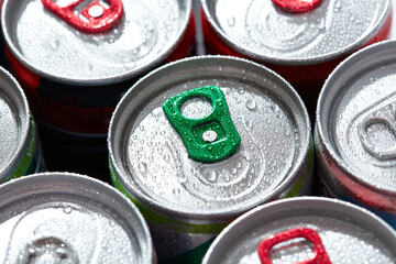 Colorful Drink Cans Condensation, water drops, On white background, Close up, top view, hard light...