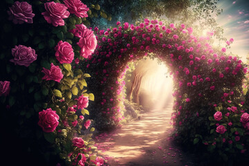Fantasy pink Roses Flowers grow and Road leads forward in Fabulous Mystical Paradise Garden. Mysterious Fairy Tale Summer floral backdrop with glistening sun Rays. Generative AI