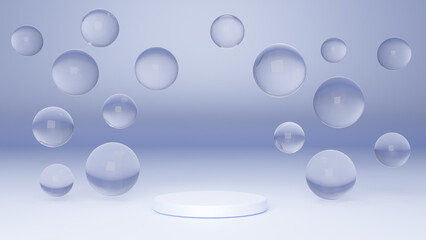 White round podium with air bubbles on blue water surface. Mock up empty geometric stage, platform with soap spheres or water drops for product ad presentation cosmetics. Realistic 3d illustration