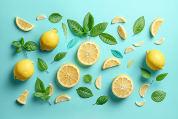 Lemon slices and mint leaves on blue pastel background. Generative AI