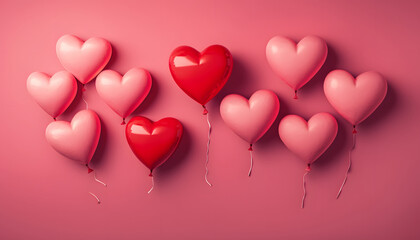 Heart-shaped balloons on a pink background, flat lay with space for text. Valentine's Day Celebration