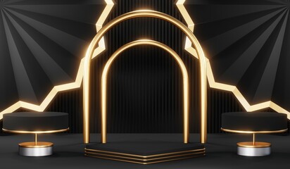 3d render of abstract realistic studio room with Luxury round pedestal stand podium with golden glitter in shape backdrop. Luxury black friday sale scene for product display presentation background