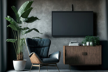 TV on Cabinet in modern living room with leather armchair and decoration have concrete wall background. Generative AI