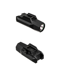 Modern LED flashlight with weapon mount. Underbarrel tactical flashlight isolate on white back.