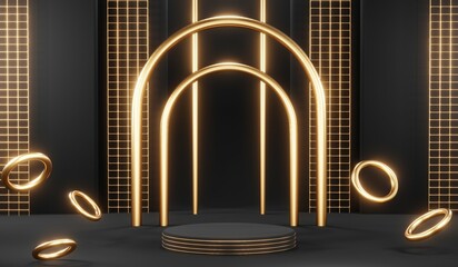 3d render of abstract realistic studio room with Luxury round pedestal stand podium with golden glitter in shape backdrop. Luxury black friday sale scene for product display presentation background