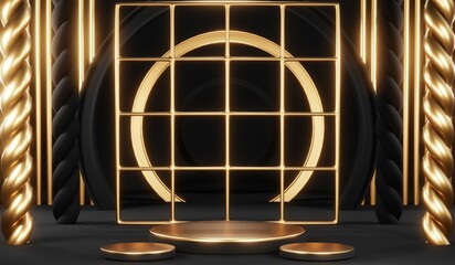 3d render of abstract realistic studio room with Luxury round pedestal stand podium with golden glitter in shape backdrop. Luxury black friday sale scene for product display presentation background