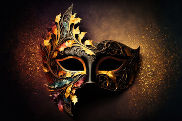 Luxurious venetian mask over a bokeh background of black godlen. Design for a Christmas and New Year's celebration banner. Fantasy masquerade ball for carnival. Generative AI
