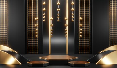 3d render of abstract realistic studio room with Luxury round pedestal stand podium with golden glitter in shape backdrop. Luxury black friday sale scene for product display presentation background