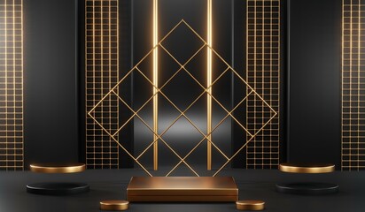 Obraz na płótnie Canvas 3d render of abstract realistic studio room with Luxury round pedestal stand podium with golden glitter in shape backdrop. Luxury black friday sale scene for product display presentation background