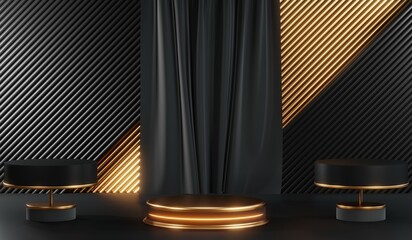 3d render of abstract realistic studio room with Luxury round pedestal stand podium with golden glitter in shape backdrop. Luxury black friday sale scene for product display presentation background