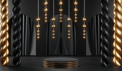 3d render of abstract realistic studio room with Luxury round pedestal stand podium with golden glitter in shape backdrop. Luxury black friday sale scene for product display presentation background