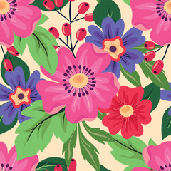 Seamless floral pattern, colorful ditsy print with large decorative daisies. Cute botanical background with pretty hand drawn plants: flowers, leaves, bouquets. Vector illustration.