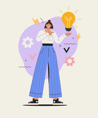 Modern girl with bright idea for solve her problem.Young woman with creative thought or idea with light bulb in her hand.Lamp bulb as sign for insight.Inspiration concept.Isolated vector illustration.