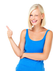 Happy woman, portrait smile and thumbs up for good job, deal or well done isolated against a white studio background. Blond female standing and showing thumbsup hand gesture with wink for agreement