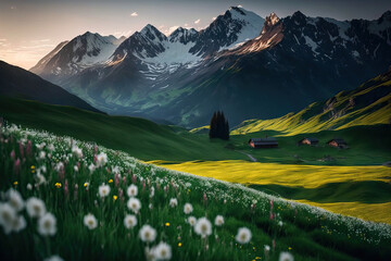 Obraz premium A picture perfect Alps scene with lush, green meadows, blossoming flowers, and snow capped mountain peaks in the distance. Generative AI
