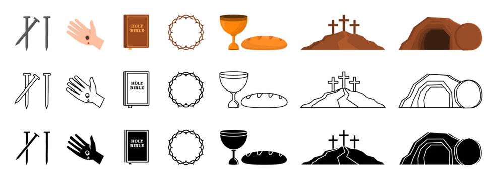Christian icons set. Risen icons. Cross, communion, Bible, and so on. Vector