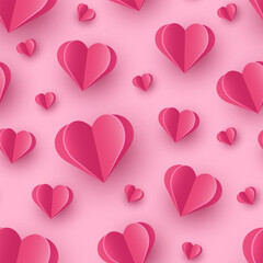 Plakat Paper cut hearts on pink background. Seamless pattern design. Vector illustration
