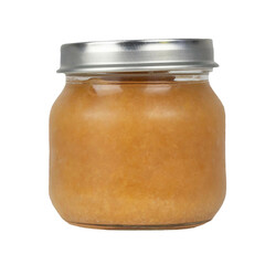 Baby food in a glass jar with a metal lid, fruit and vegetable puree.