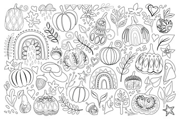 Big Collection of Autumn Plants, Pumpkins Designs. Rainbows, Apple, Pear, Acorns, Lot of Leaves and Deco Elements. Elegant Natural Motifs. Coloring Book Page. Vector Illustration